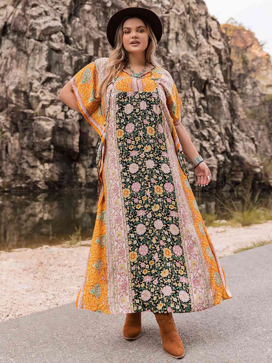 Plus Size Tie Neck Maxi Dress in PumpkinMaxi DressBeach Rose Co.