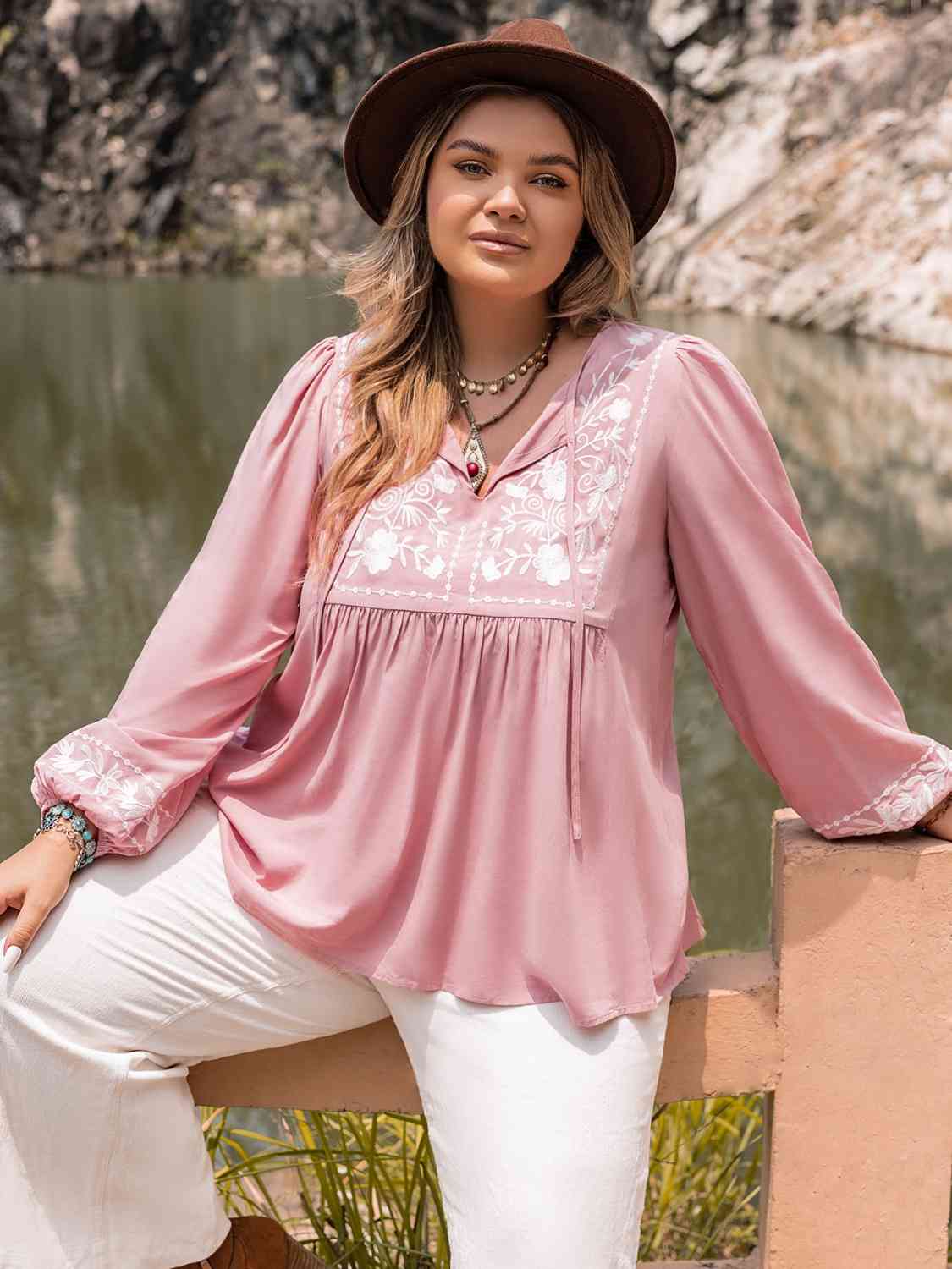 Plus Size Tie Neck Puff Sleeve Blouse in Carnation PinkBlouseBeach Rose Co.