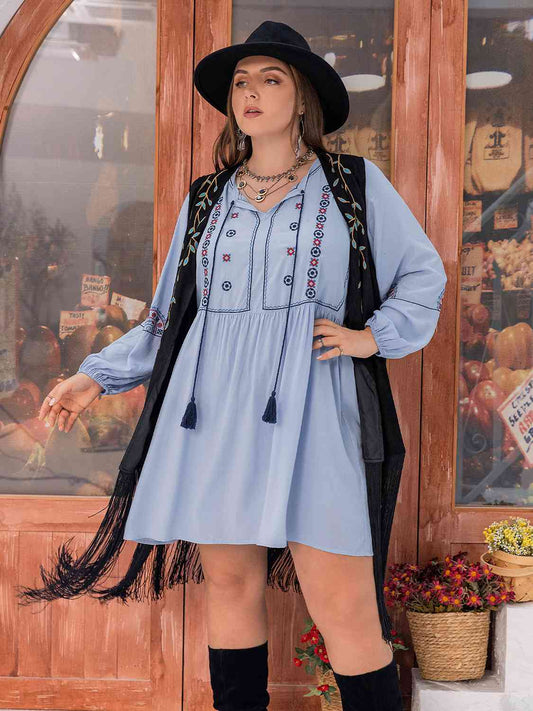 Plus Size Tie Neck Tassel Detail Long Sleeve Mini Dress in Misty BlueMini DressBeach Rose Co.