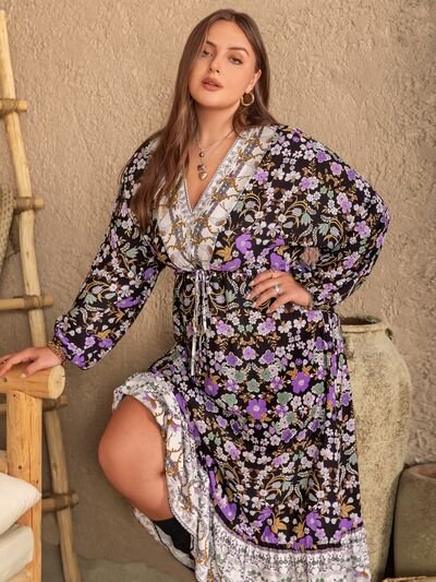 Plus Size V-Neck Balloon Sleeve Printed Midi Dress in LavenderMidi DressBeach Rose Co.