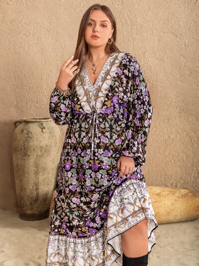 Plus Size V-Neck Balloon Sleeve Printed Midi Dress in LavenderMidi DressBeach Rose Co.