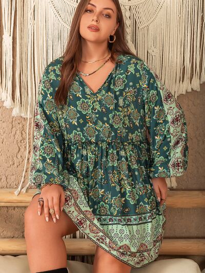 Plus Size V-Neck Balloon Sleeve Printed Mini Dress in Mid GreenMini DressBeach Rose Co.