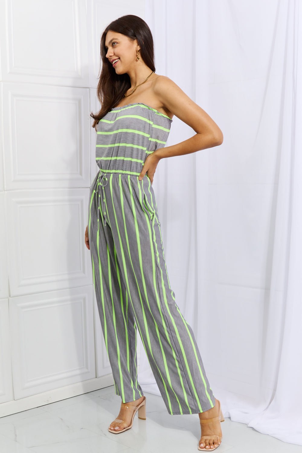 Pop Of Color Sleeveless Striped Jumpsuit in Grey/Neon LimeJumpsuitSew In Love