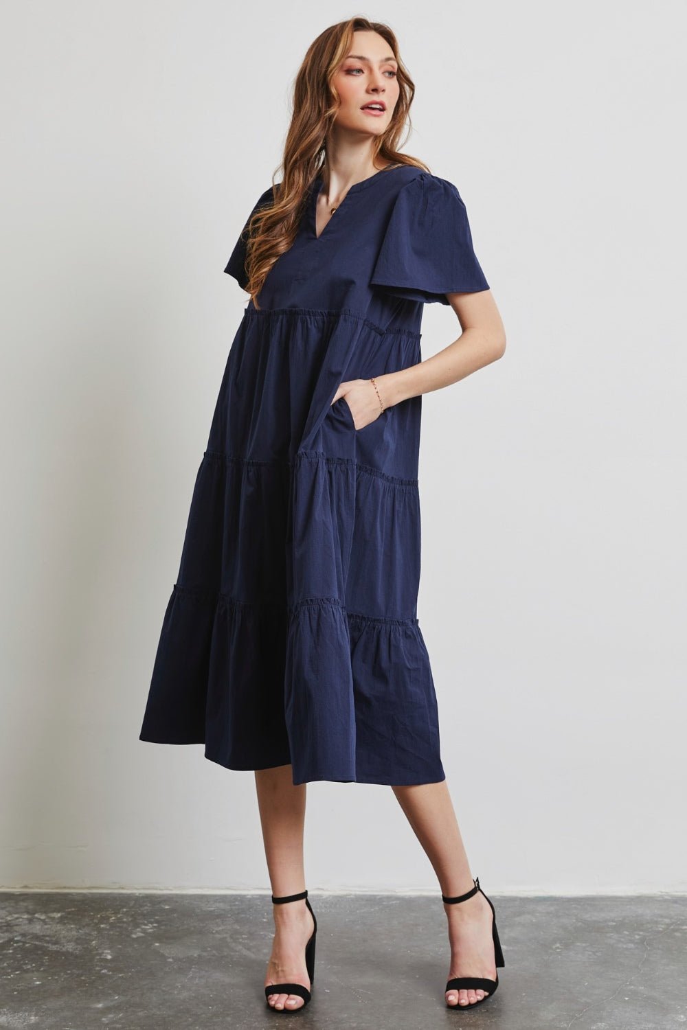 Poplin Cotton Tiered Midi Dress in NavyMidi DressHEYSON