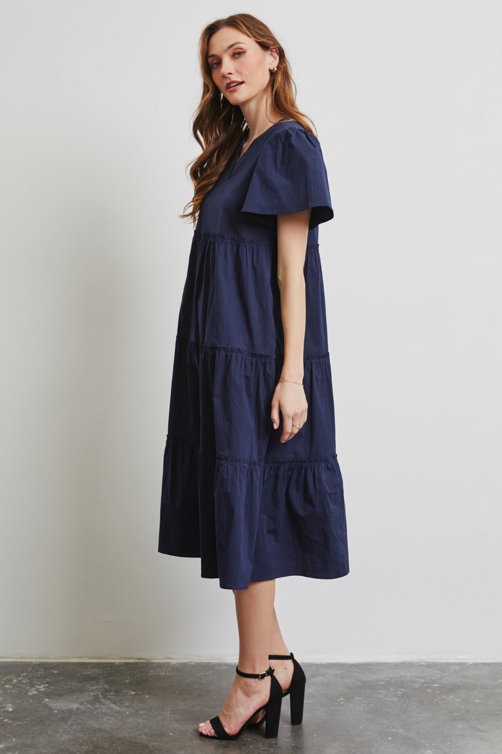 Poplin Cotton Tiered Midi Dress in NavyMidi DressHEYSON