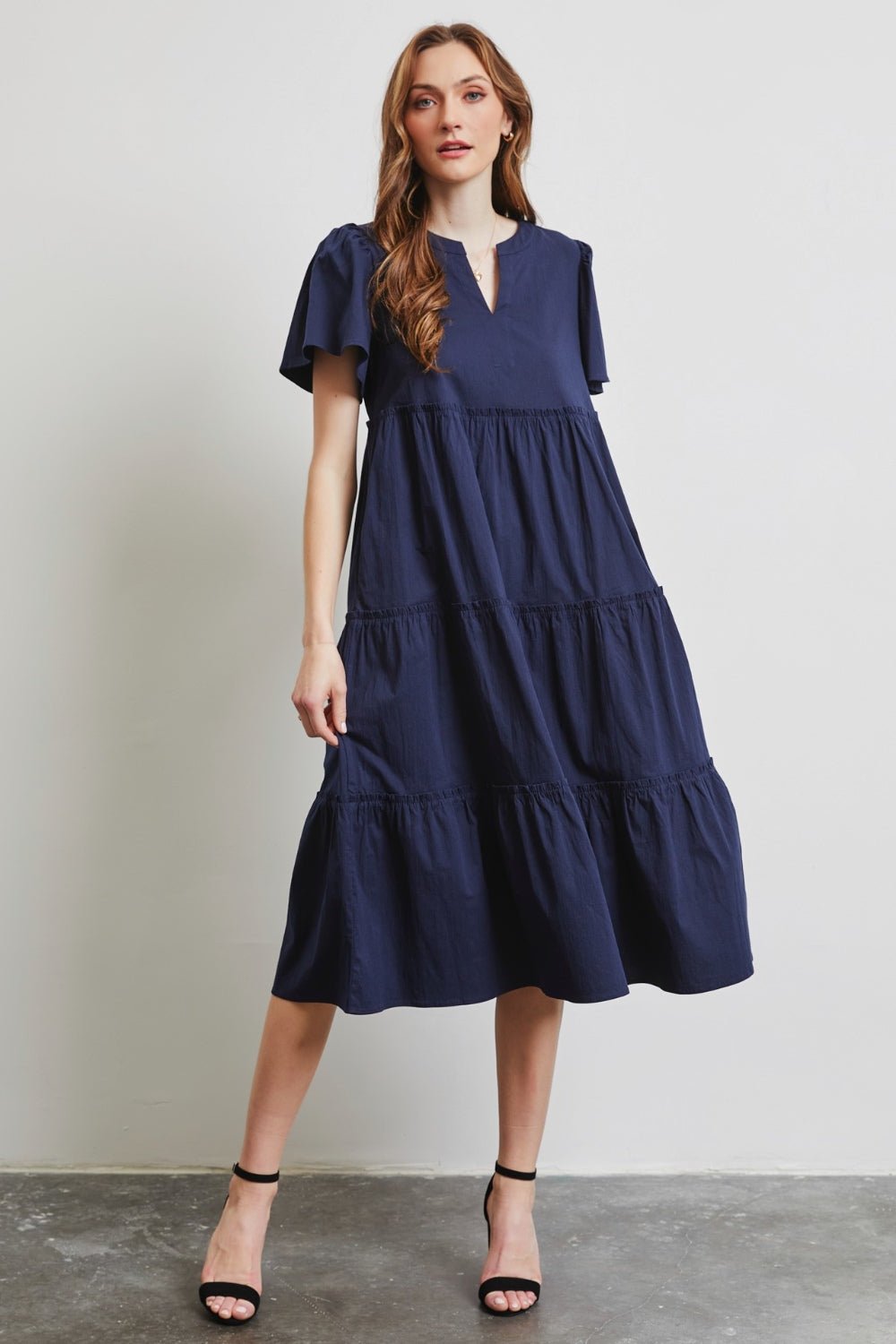 Poplin Cotton Tiered Midi Dress in NavyMidi DressHEYSON