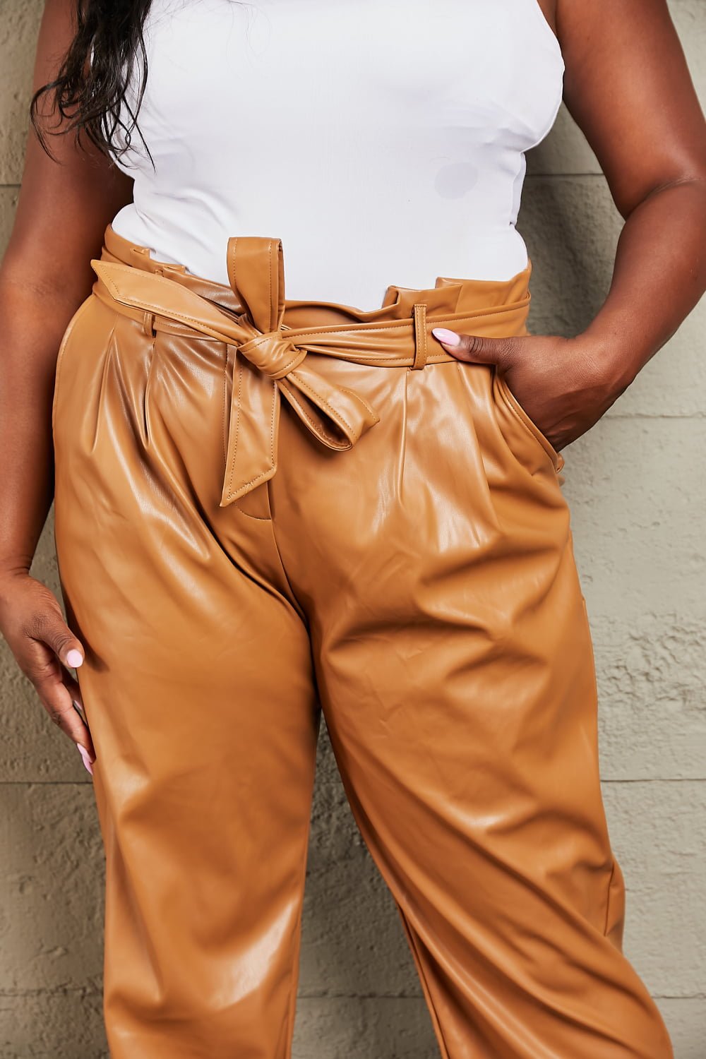 Vegan Leather Paper Bag Waist Pants in OchrePantsHEYSON