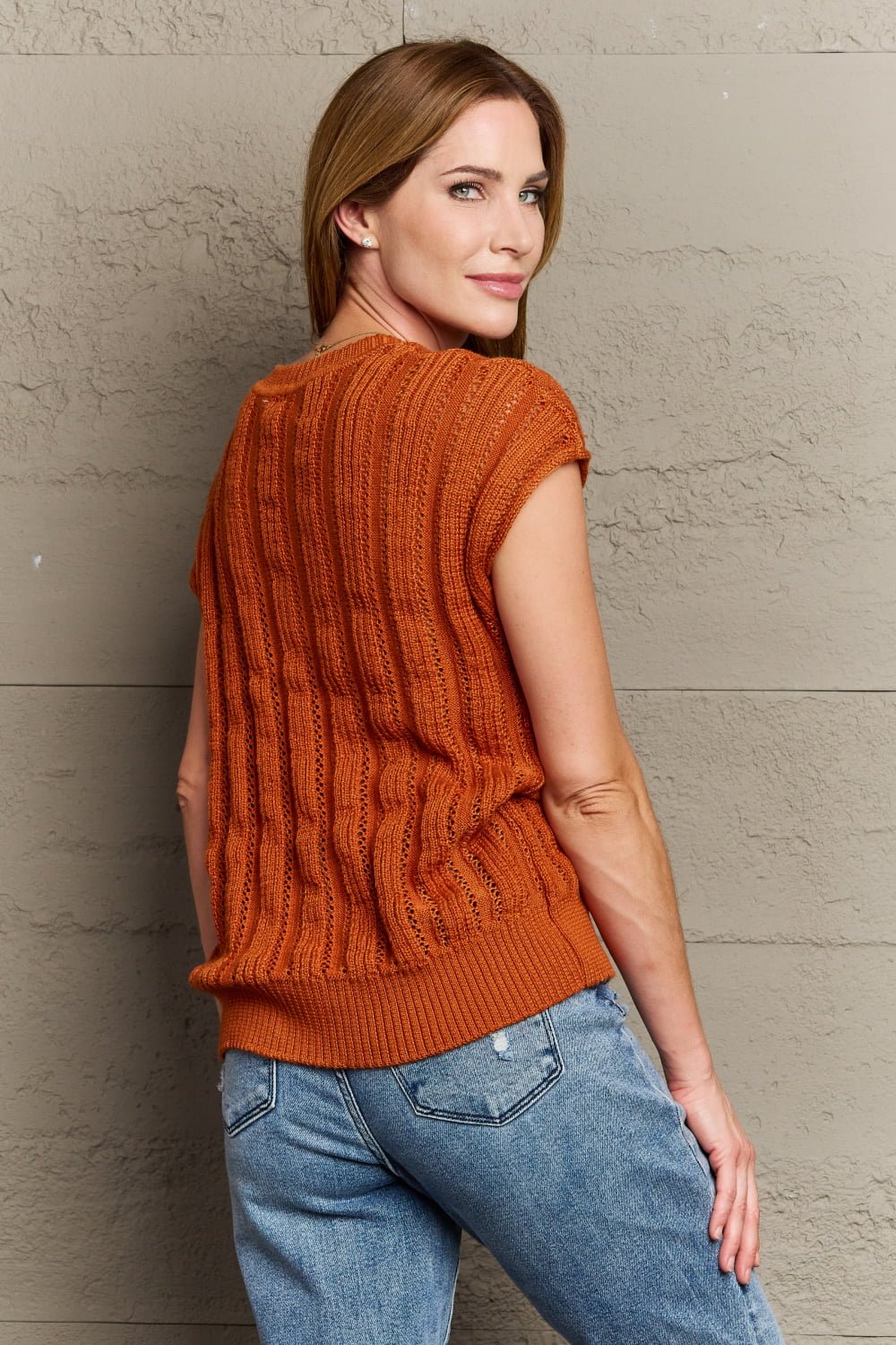 Preppy Casual Knit Cap Sleeve Sweater in RustSweaterLike Love