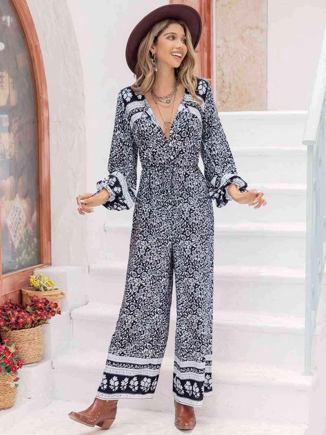 Printed Long Sleeve Wide Leg Jumpsuit in NavyJumpsuitBeach Rose Co.