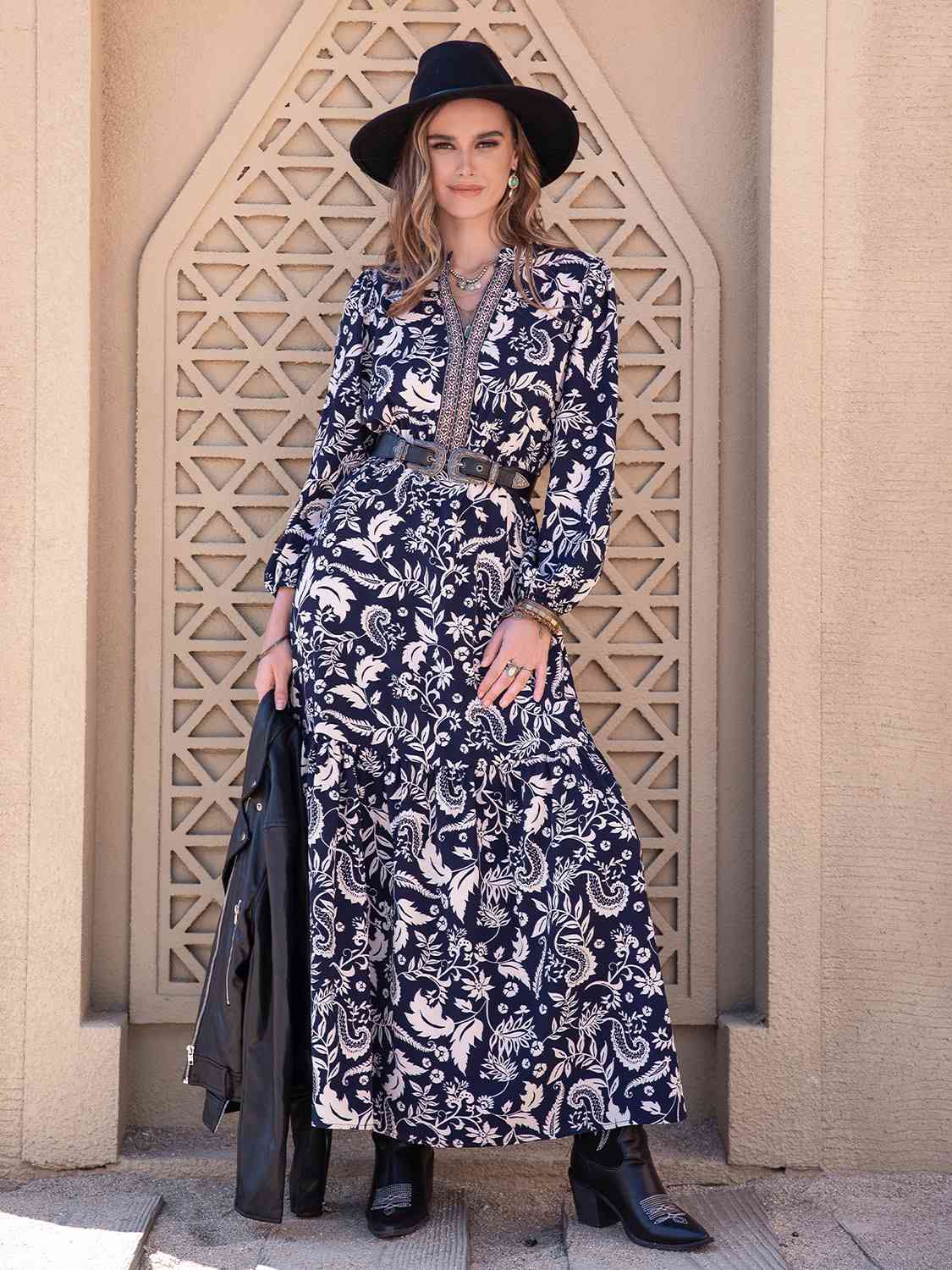 Printed Notched Neck Maxi Dress in NavyMaxi DressBeach Rose Co.