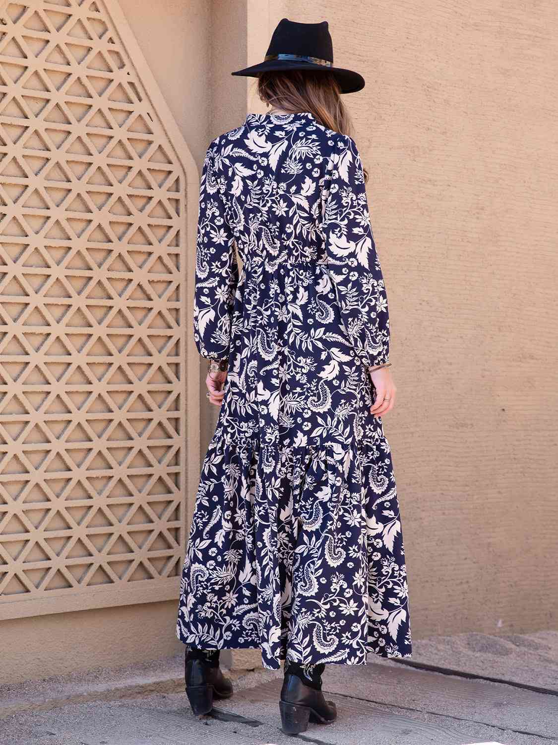 Printed Notched Neck Maxi Dress in NavyMaxi DressBeach Rose Co.