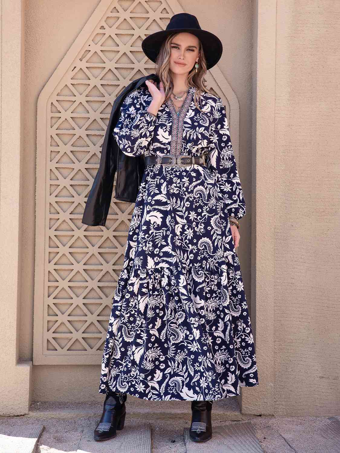 Printed Notched Neck Maxi Dress in NavyMaxi DressBeach Rose Co.