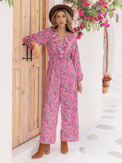 Printed Ruffled V-Neck Balloon Sleeve Jumpsuit in Hot PinkJumpsuitBeach Rose Co.