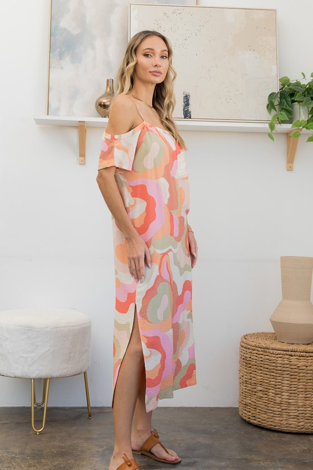 Printed Side Slit Midi Dress in Coral/PinkMidi DressSew In Love