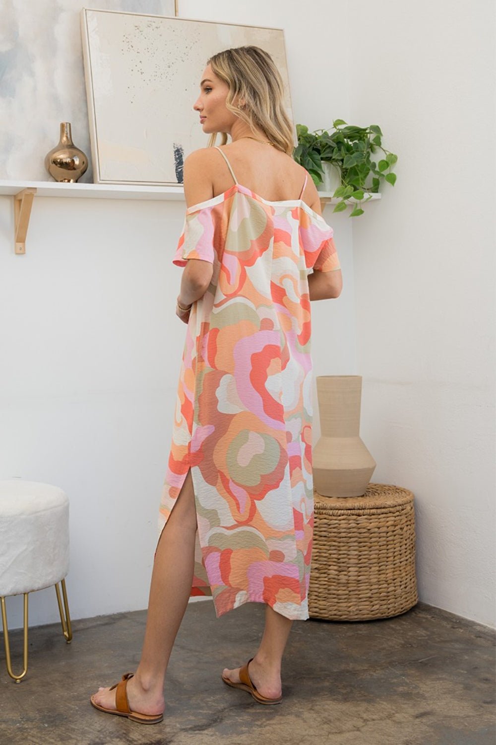 Printed Side Slit Midi Dress in Coral/PinkMidi DressSew In Love