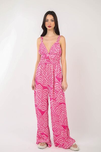 Printed Smocked Sleeveless Wide Leg Jumpsuit in Hot PinkJumpsuitVery J