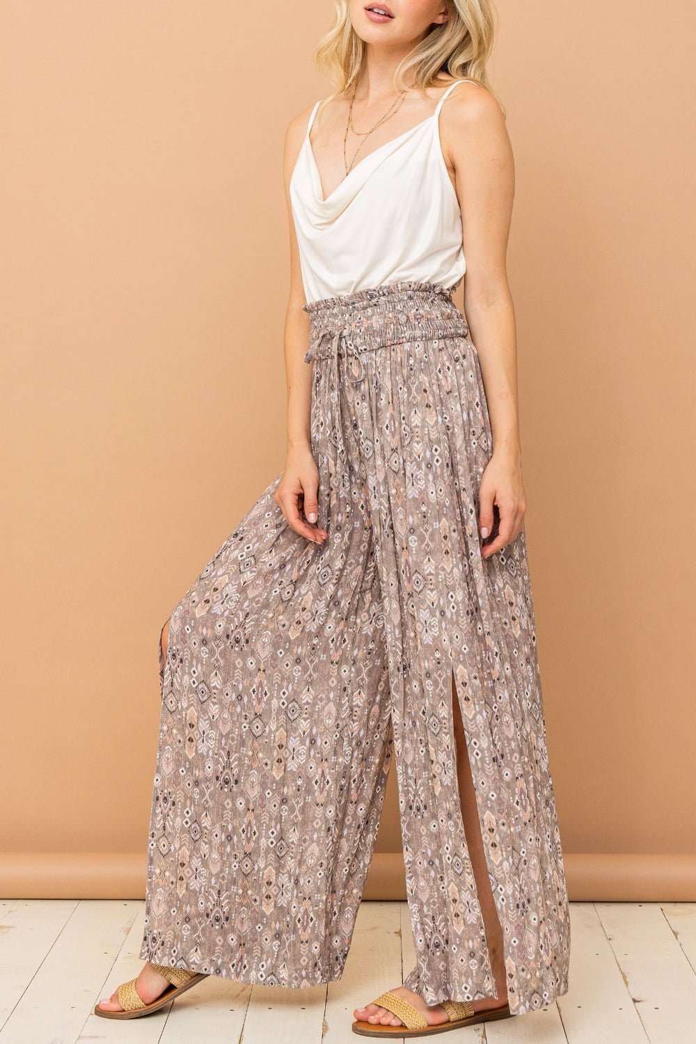 Printed Smocked Waist Wide Leg Pants in GreyPantsAnd the Why