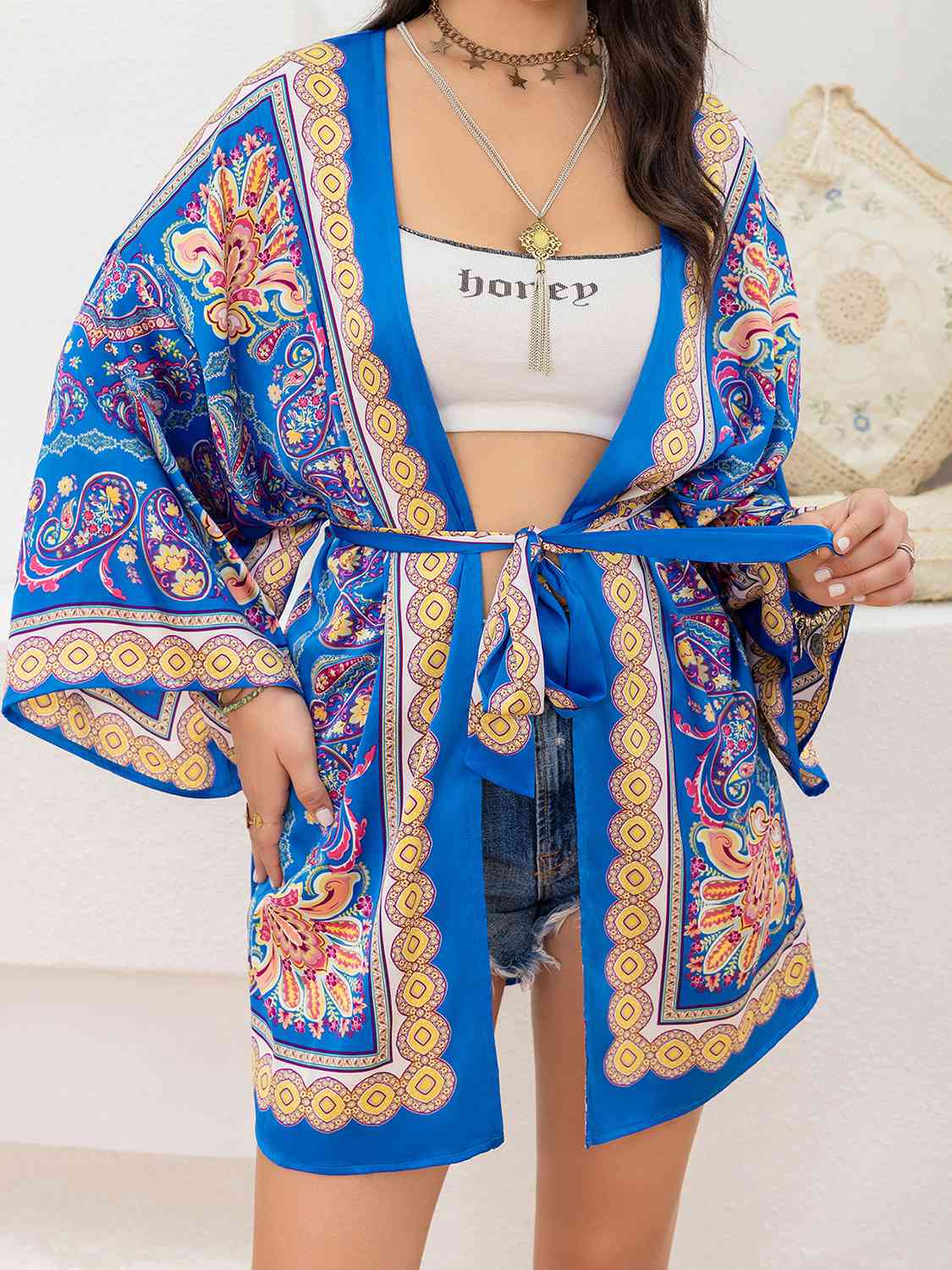 Printed Tie Belt Long Sleeve Kimono in Royal BlueKimonoBeach Rose Co.