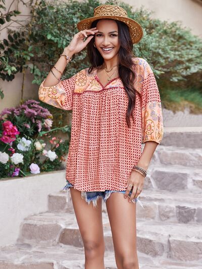 Printed Tie Neck Balloon Sleeve Blouse in Burnt CoralBlouseBeach Rose Co.