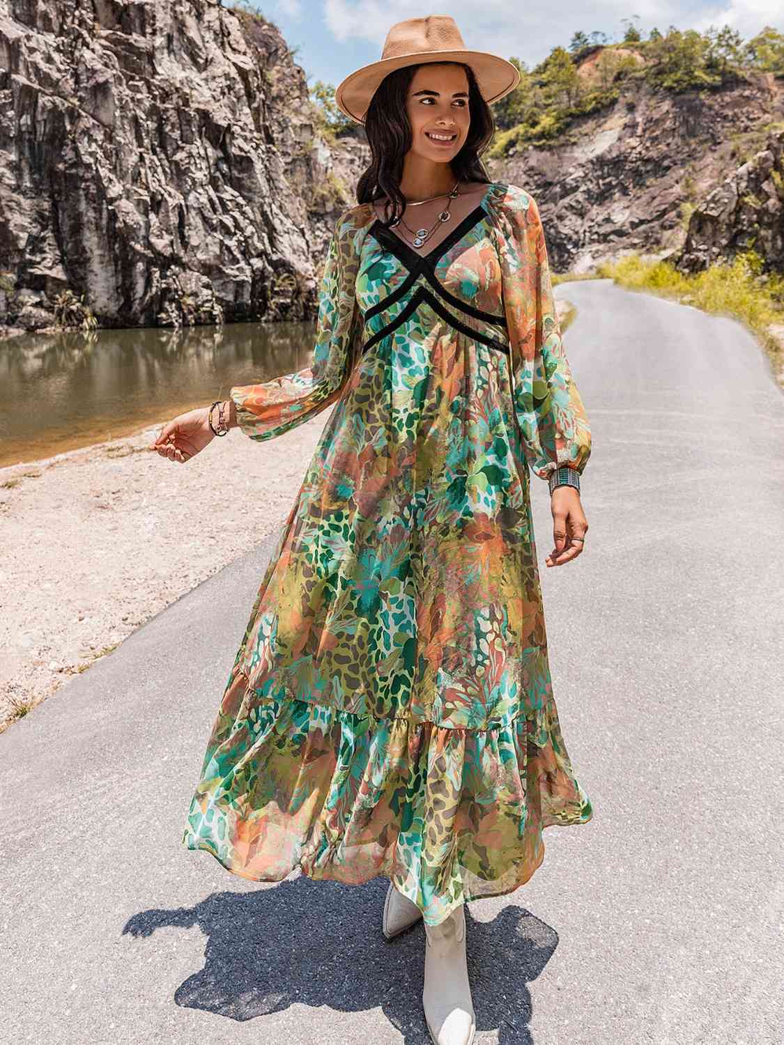 Printed V-Neck Long Sleeve Maxi DressMaxi DressBeach Rose Co.