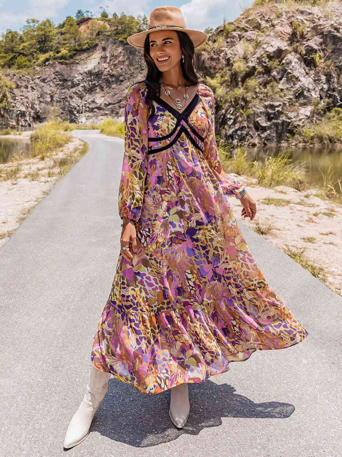 Printed V-Neck Long Sleeve Maxi DressMaxi DressBeach Rose Co.