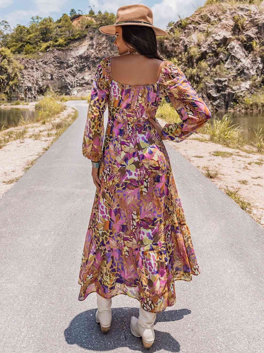 Printed V-Neck Long Sleeve Maxi DressMaxi DressBeach Rose Co.