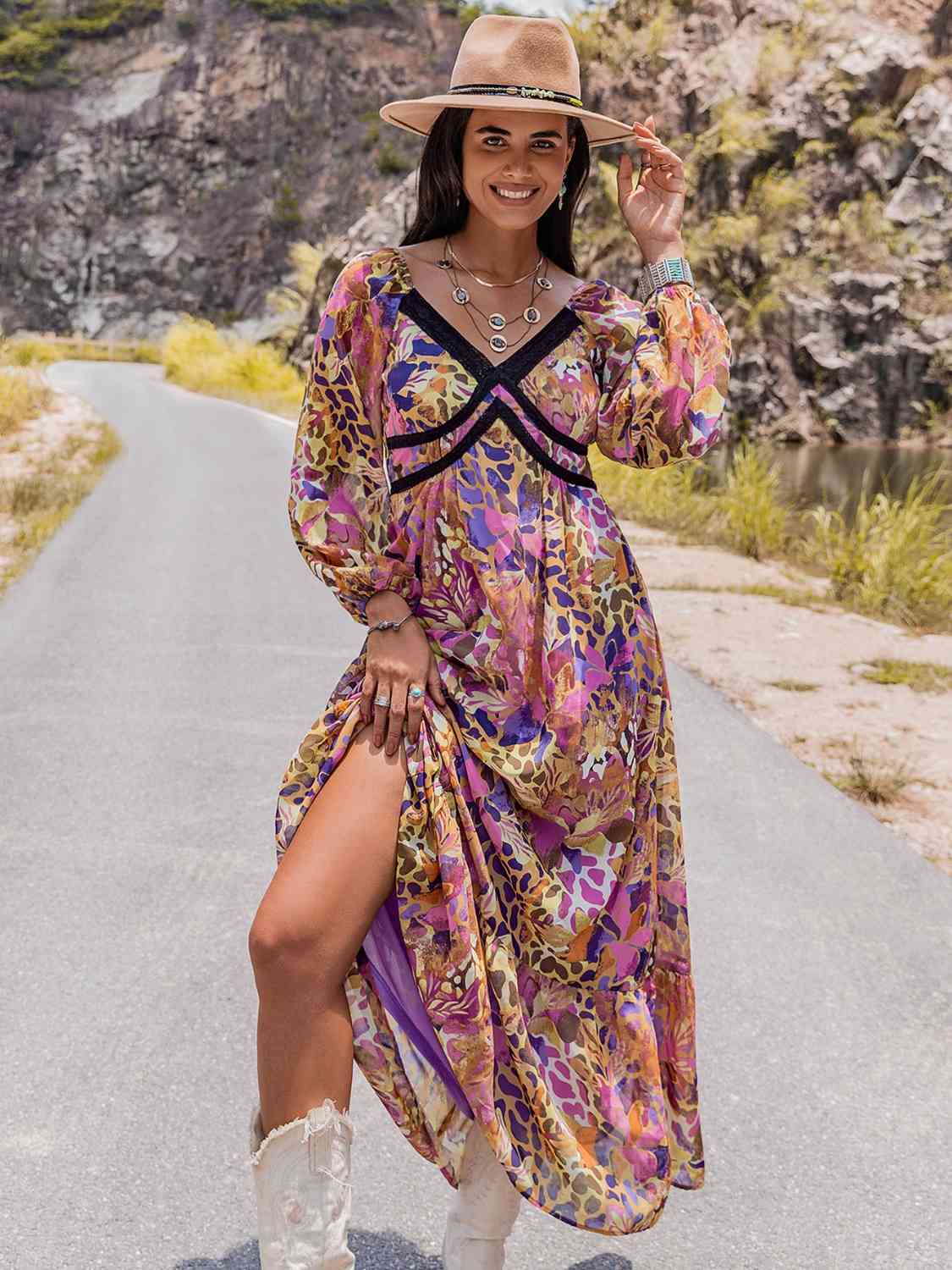 Printed V-Neck Long Sleeve Maxi DressMaxi DressBeach Rose Co.