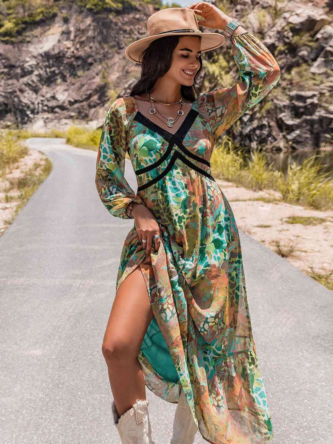 Printed V-Neck Long Sleeve Maxi DressMaxi DressBeach Rose Co.