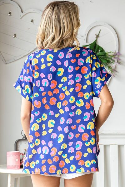 Printed V-Neck Short Sleeve Blouse in Blue MultiBlouseFirst Love