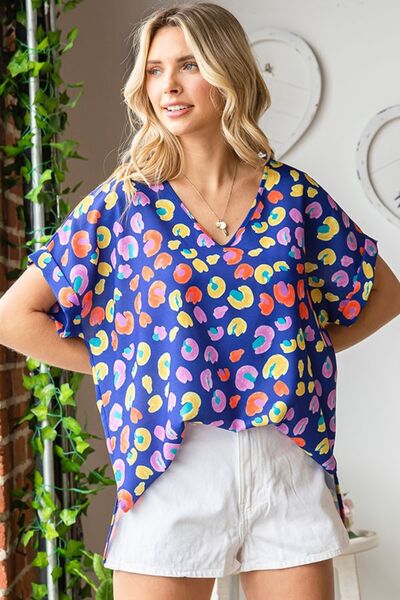 Printed V-Neck Short Sleeve Blouse in Blue MultiBlouseFirst Love