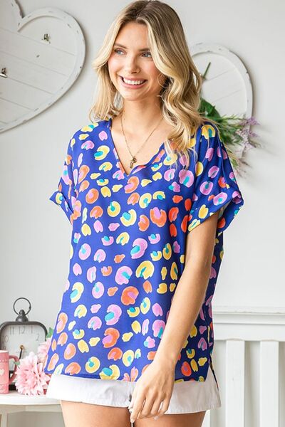 Printed V-Neck Short Sleeve Blouse in Blue MultiBlouseFirst Love