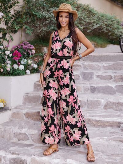 Printed V-Neck Sleeveless Jumpsuit in BlackJumpsuitBeach Rose Co.