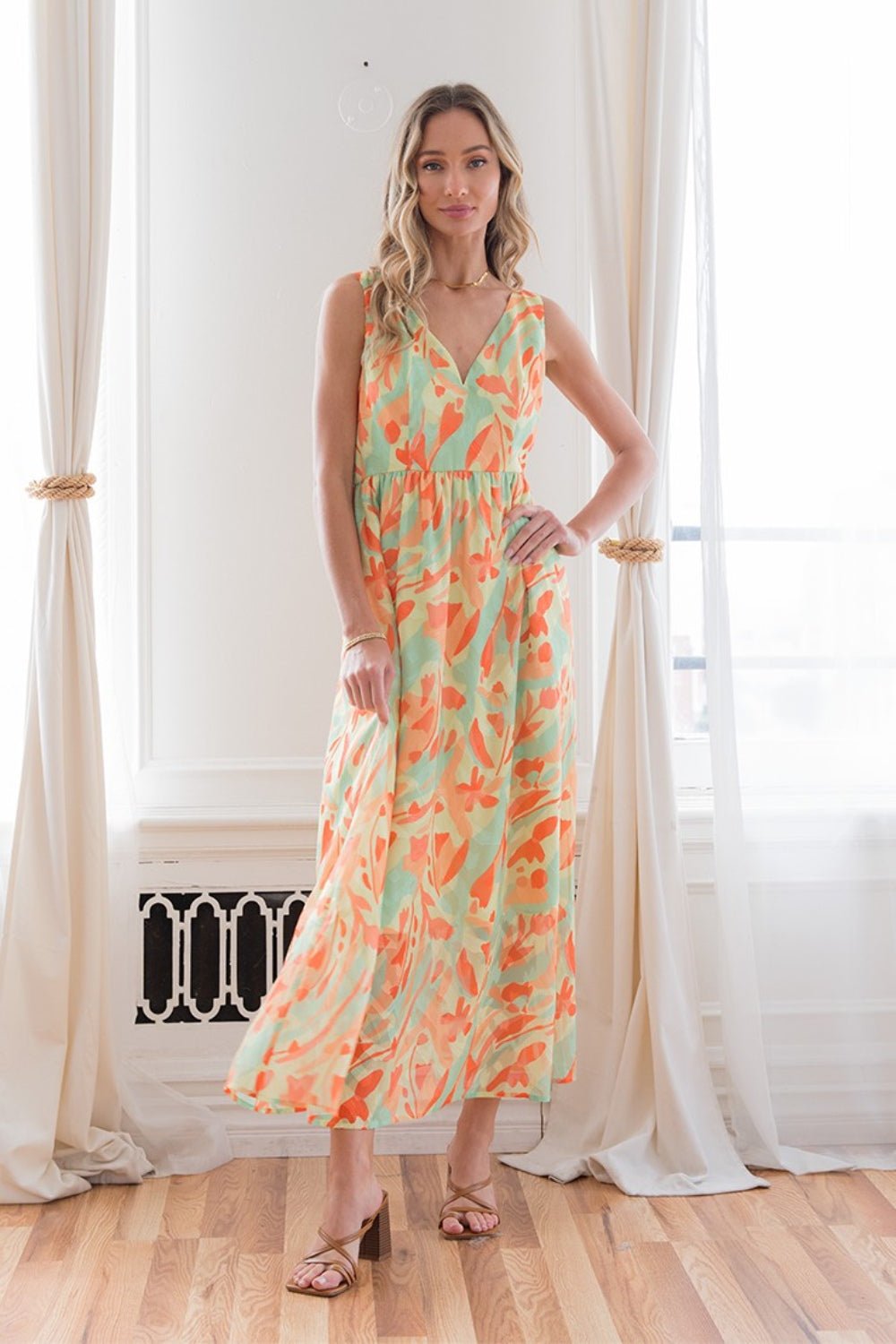 Printed V-Neck Sleeveless Maxi Dress in Lime/OrangeMaxi DressSew In Love