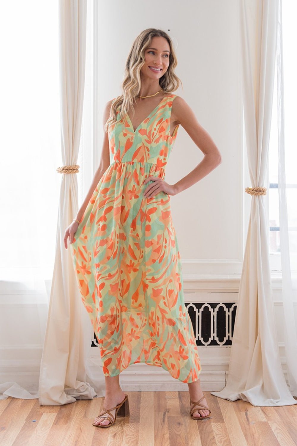 Printed V-Neck Sleeveless Maxi Dress in Lime/OrangeMaxi DressSew In Love