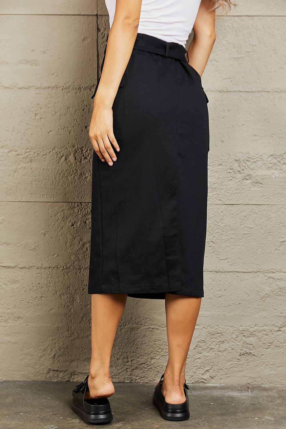 Belted Cotton Midi Skirt in BlackMidi SkirtHYFVE