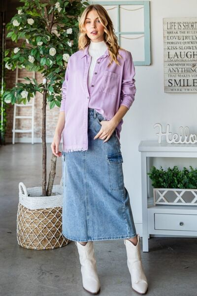 Raw Hem Button Up Long Sleeve Shirt in LavenderShirtVEVERET