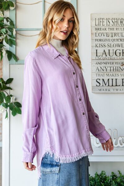 Raw Hem Button Up Long Sleeve Shirt in LavenderShirtVEVERET