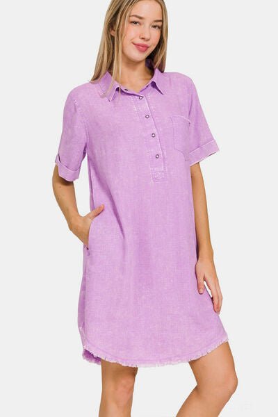 Raw Hem Mini Dress with Pockets in LavenderMini DressZenana