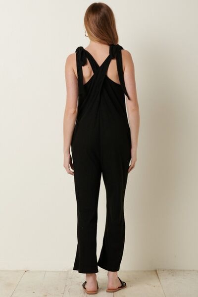 Rib Knit V-Neck Cross Back Jumpsuit in BlackJumpsuitMittoshop