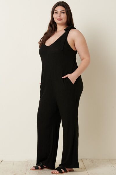 Rib Knit V-Neck Cross Back Jumpsuit in BlackJumpsuitMittoshop