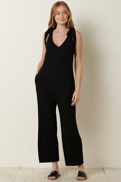 Rib Knit V-Neck Cross Back Jumpsuit in BlackJumpsuitMittoshop