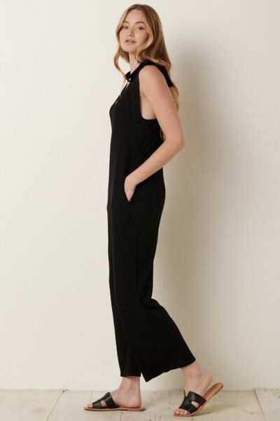 Rib Knit V-Neck Cross Back Jumpsuit in BlackJumpsuitMittoshop