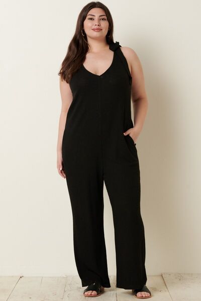 Rib Knit V-Neck Cross Back Jumpsuit in BlackJumpsuitMittoshop