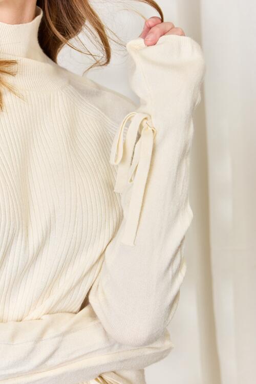 Ribbed Bow Detail Long Sleeve Turtleneck Knit Top in CreamTopHeimish