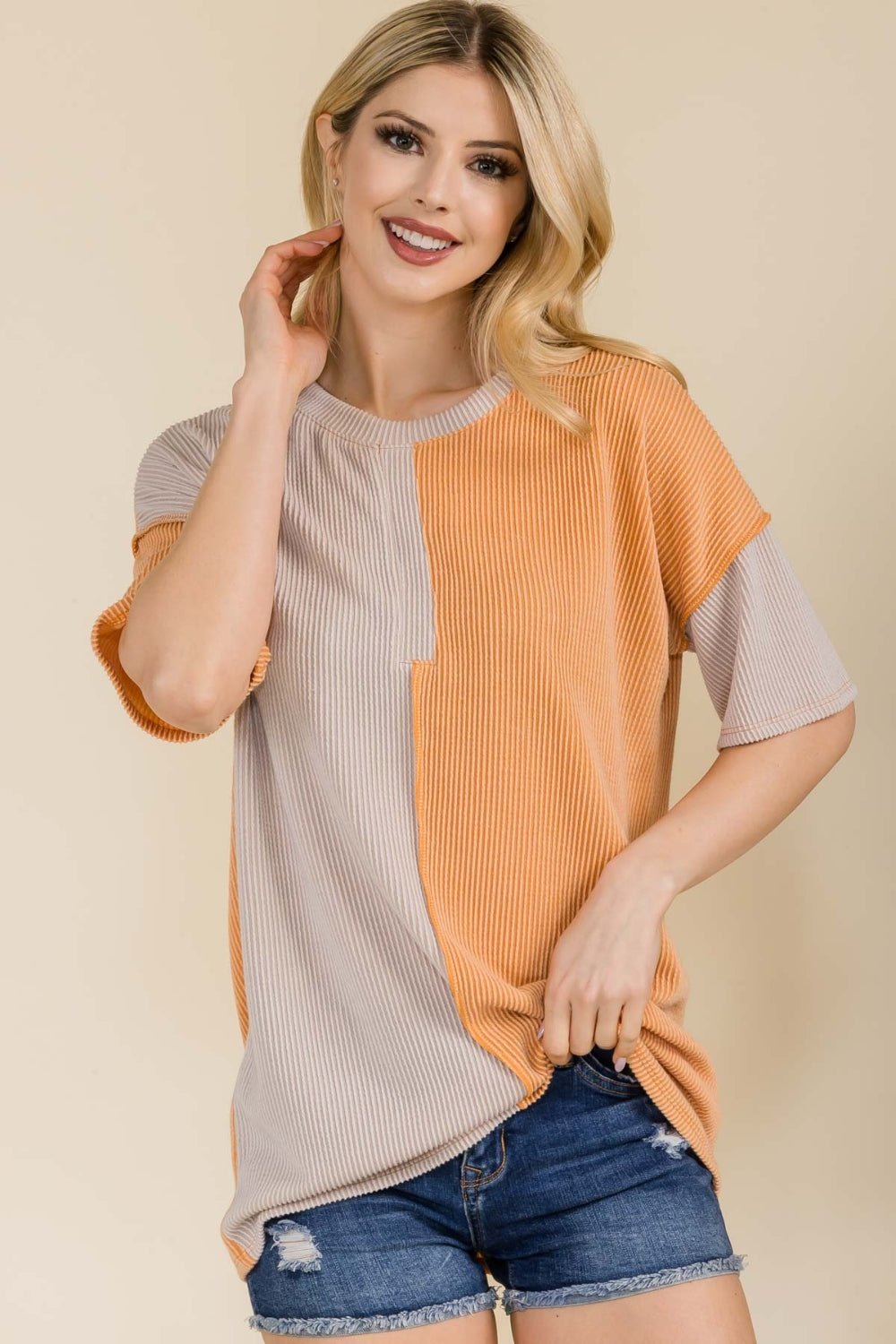 Ribbed Color Block Short Sleeve T-ShirtT-ShirtCeleste Design