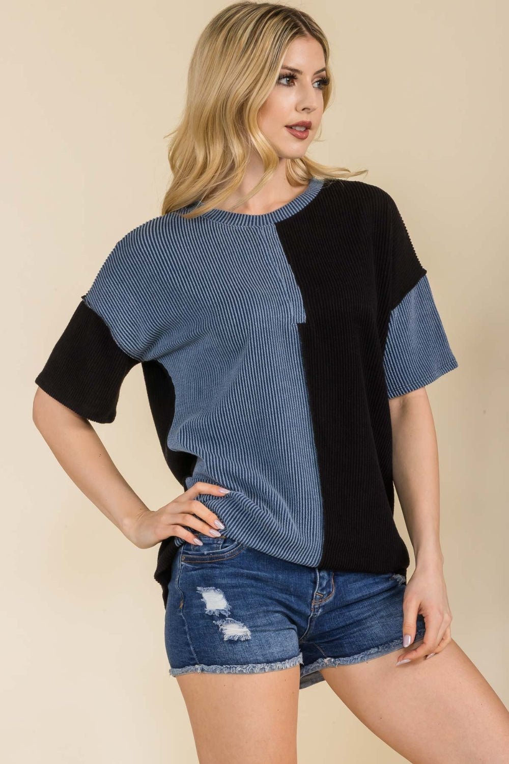 Ribbed Color Block Short Sleeve T-ShirtT-ShirtCeleste Design