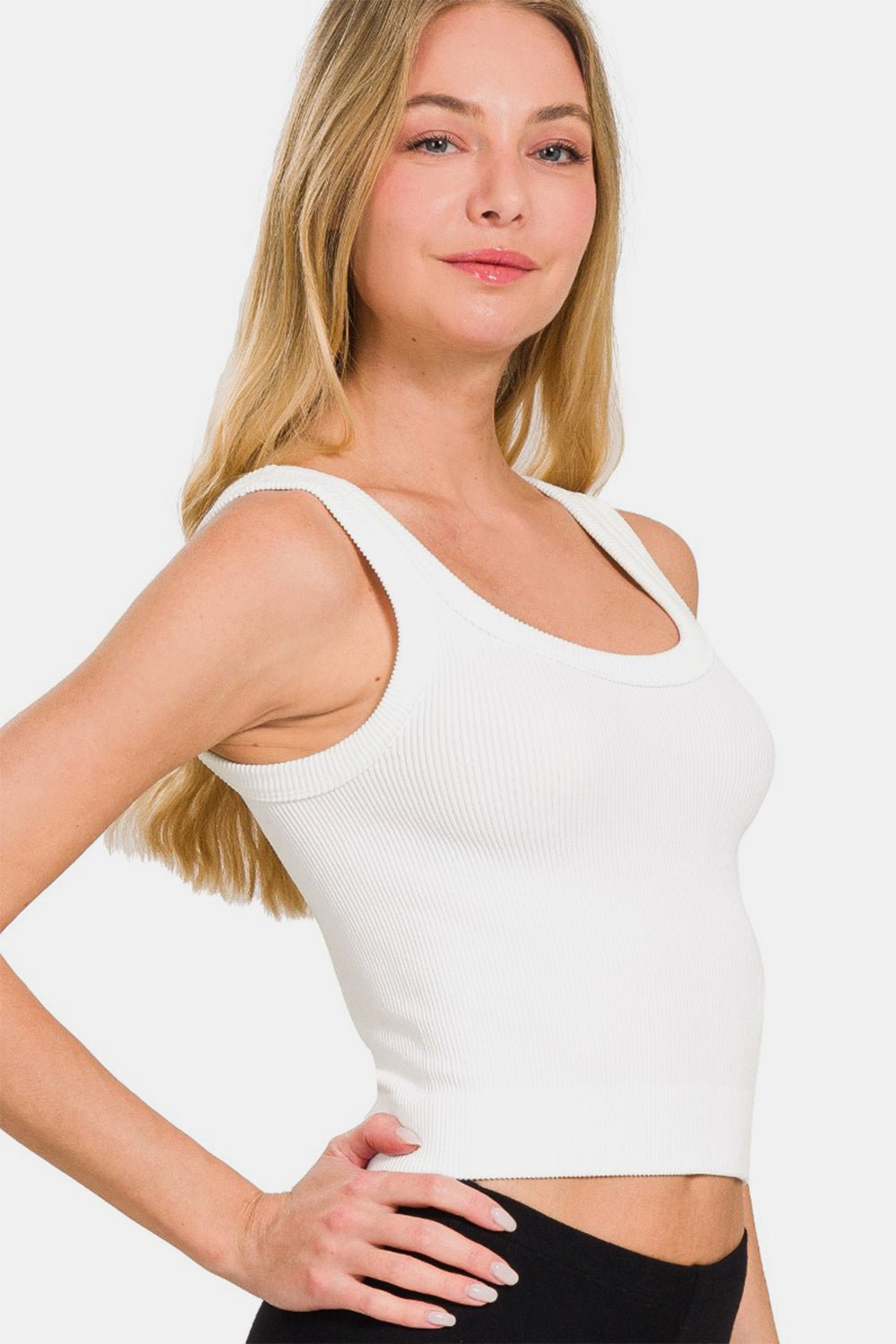 Ribbed Crew Neck Cropped Tank in WhiteTankZenana