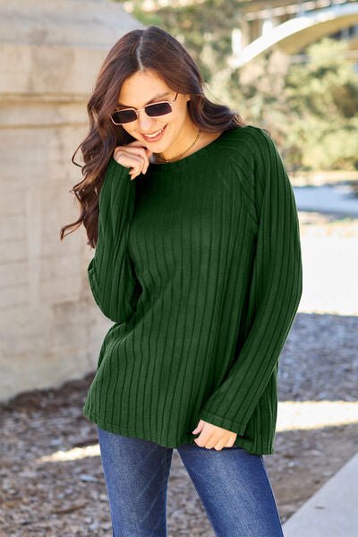 Ribbed Crew Neck Long Sleeve Knit TopTopBasic Bae