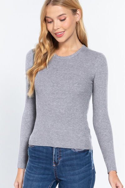 Ribbed Crew Neck Long Sleeve Knit Top in GreyTopACTIVE BASIC