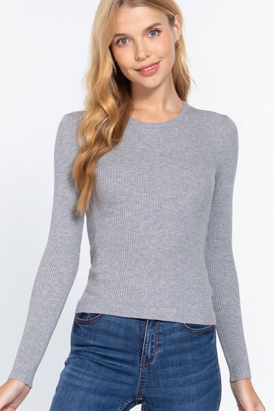 Ribbed Crew Neck Long Sleeve Knit Top in GreyTopACTIVE BASIC